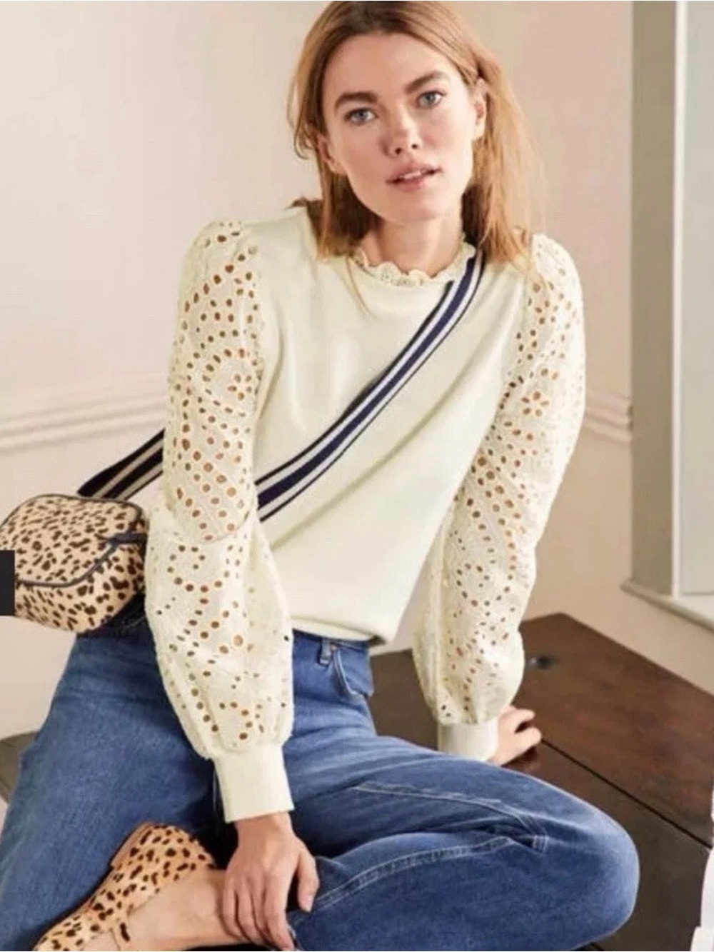 Boden Broderie Blouson Cream Crewneck Sweatshirt